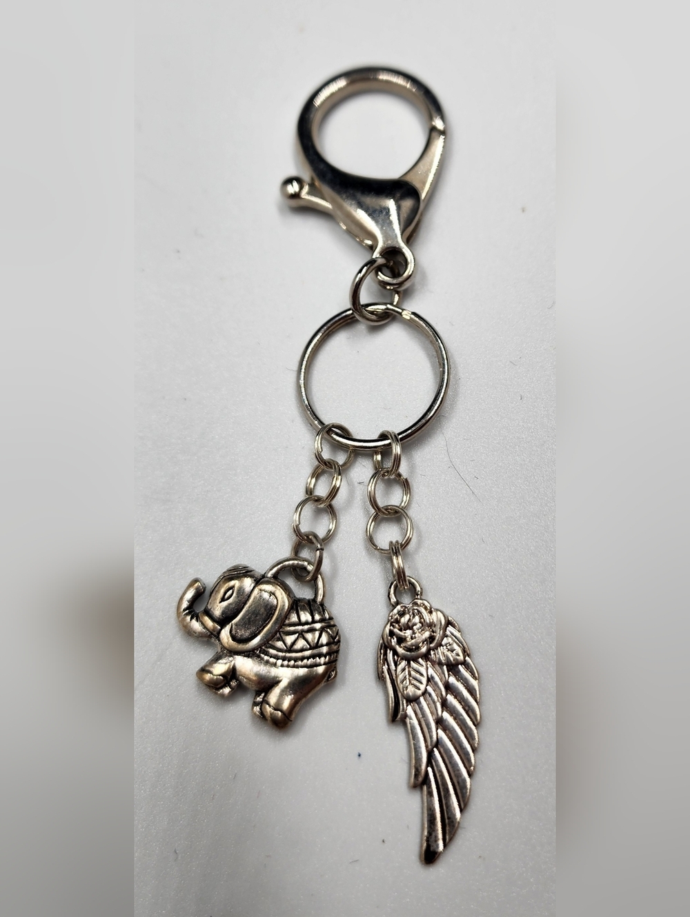 Elephant Purse Charm/Keychain Silver Tone Lucky Wing Rose
